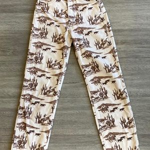 Reformation cowgirl print cream and brown jeans || straight denim jeans